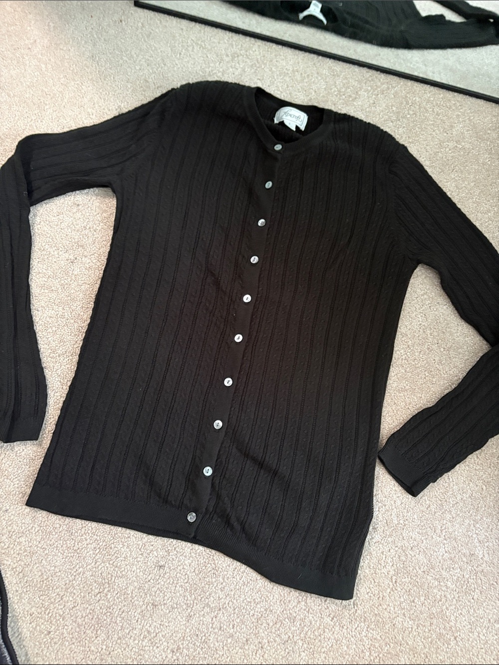 Foxcroft Vintage Black Ribbed Button-Up Cardigan Pointelle Knit 100% Cotton